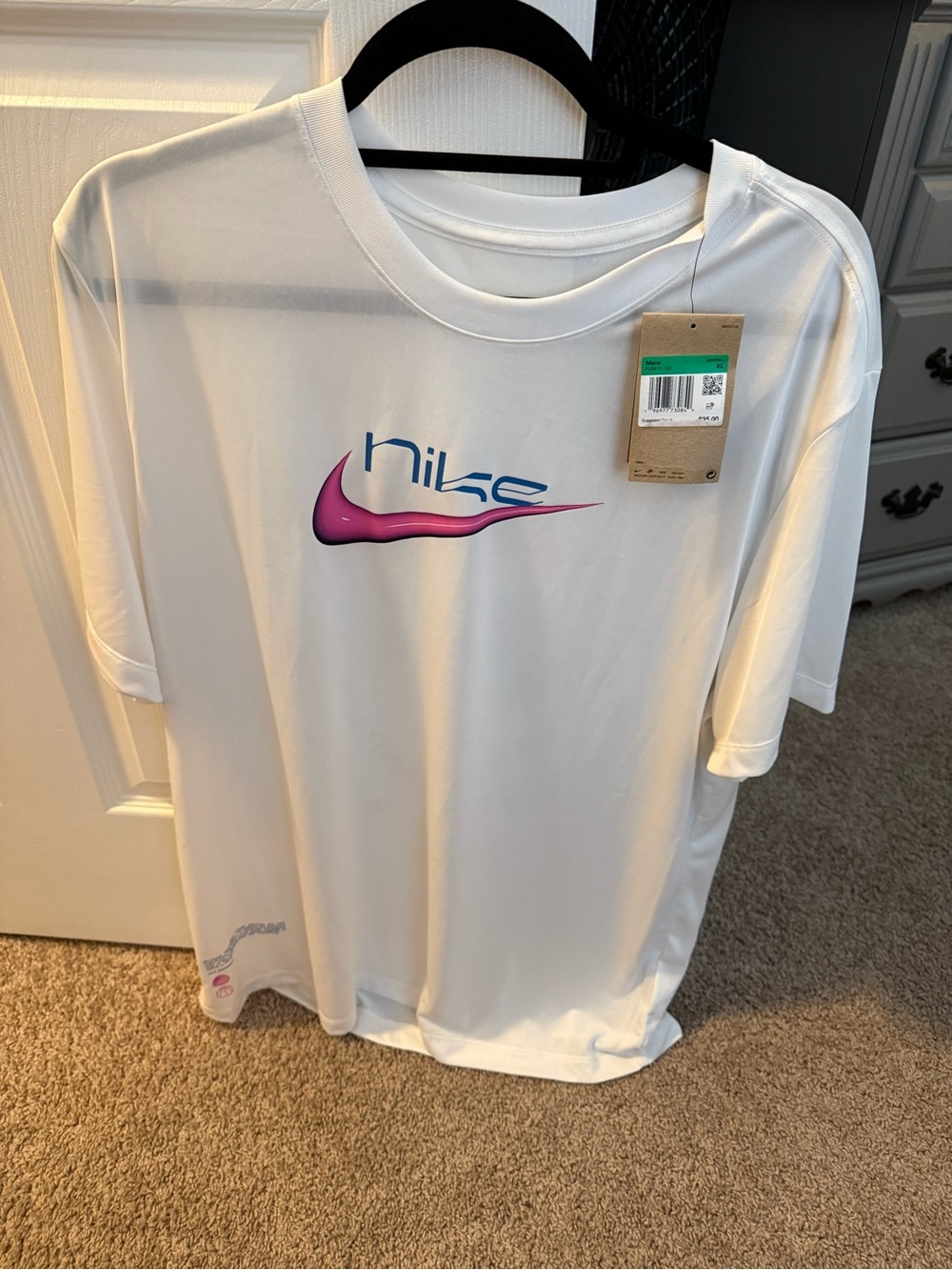 Nike White Tee with Pink-to-Purple Gradient Swoosh and Blue Logo